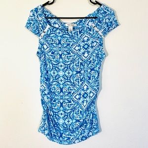 White House Black Market Off Shoulder Blue Print Top Blouse Stretch Side Ruched